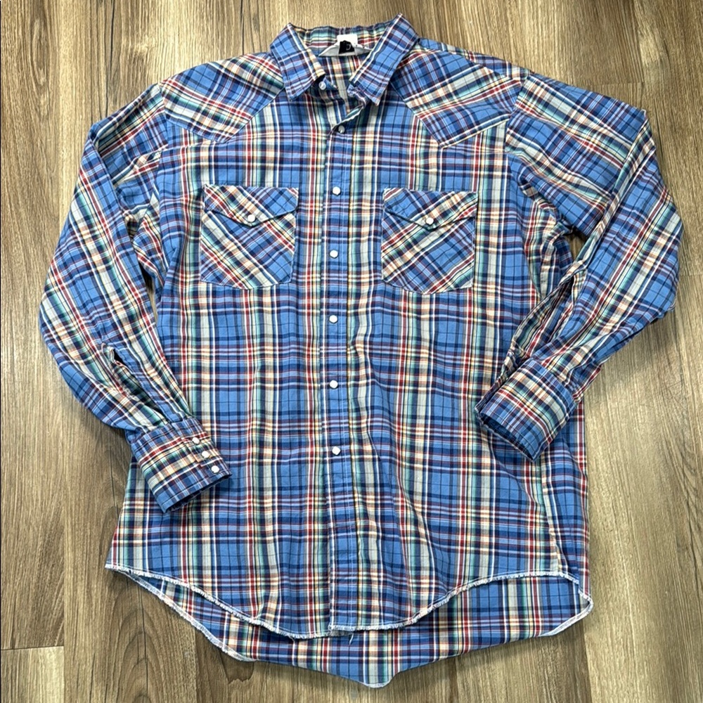 Vintage Men's Size L‎ Western Pearl Snap Long Sleeve by Dale's USA Blue Plaid
